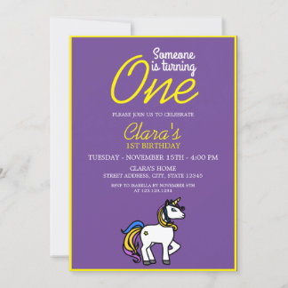 Girly Lila & Yellow Magical Unicorn 1. Geburtstag Einladung