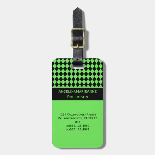 Girly Limone grüne schwarze Gepäckanhänger (Vorderseite vertikal)