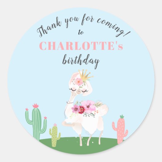 Girly Llama Floral Cactus Birthday Party Danke Runder Aufkleber (Vorderseite)