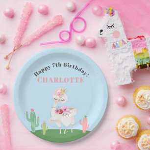Girly Llama Floral Cactus Birthday Party Pappteller