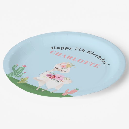 Girly Llama Floral Cactus Birthday Party Pappteller (Schrägansicht)