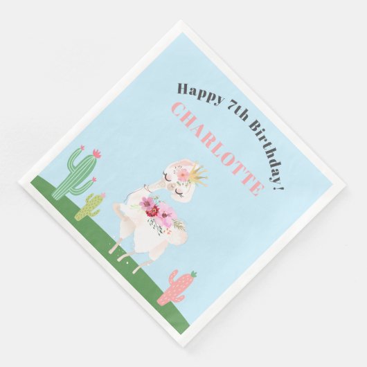 Girly Llama Floral Cactus Birthday Party Serviette (Ecke)