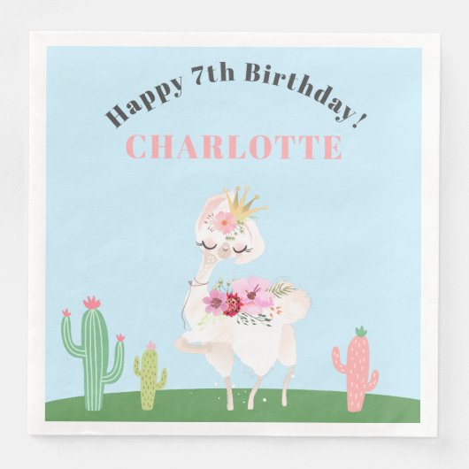 Girly Llama Floral Cactus Birthday Party Serviette (Vorderseite)