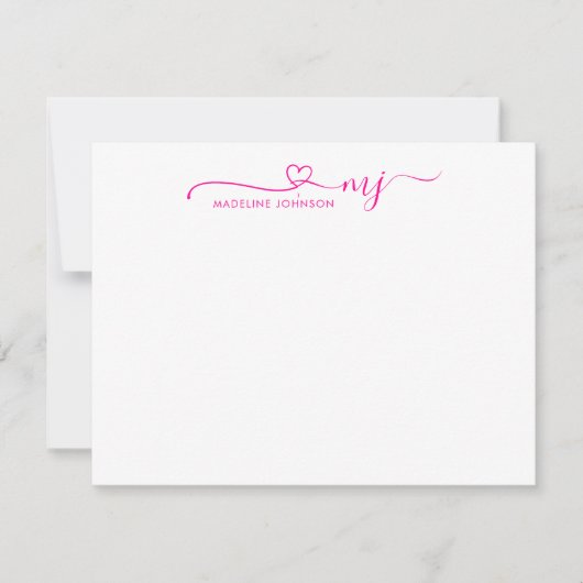 Girly Magenta Pink Heftschrift Name Monogram Mitteilungskarte (Vorderseite)