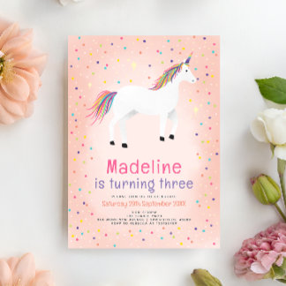 Girly Magical Cute Pink Unicorn Kids Birthday Einladung