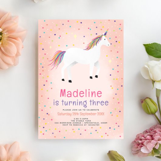 Girly Magical Cute Pink Unicorn Kids Birthday Einladung