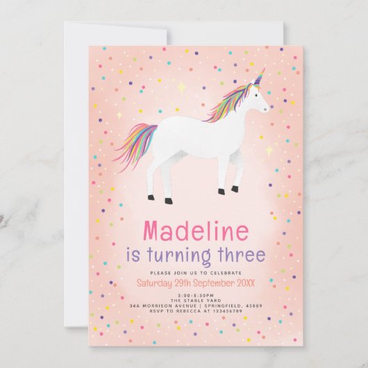 Girly Magical Cute Pink Unicorn Kids Birthday Einladung (Vorderseite)