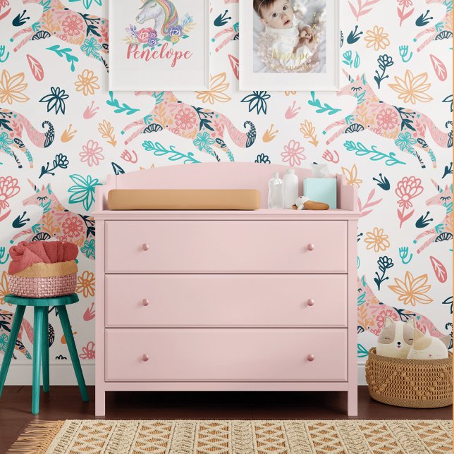Girly Magical Pink Floral Unicorn Pferdemuster Tapete (Girly Magical Pink Floral Unicorn Horse Pattern Wallpaper)