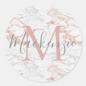 Girly Marble and Rose Gold Foil Monogram Runder Aufkleber (Vorderseite)