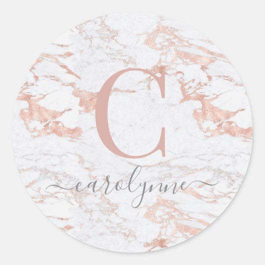 Girly Marble und Chic Rose Gold Foil Monogramm Runder Aufkleber (Vorderseite)