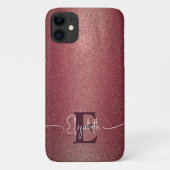 Girly Maroon-Rose Glitzer Personalisiert Monogram Case-Mate iPhone Hülle (Rückseite)