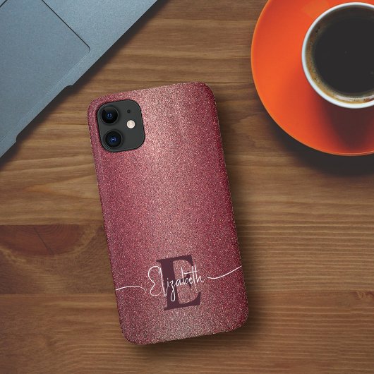 Girly Maroon-Rose Glitzer Personalisiert Monogram Case-Mate iPhone Hülle