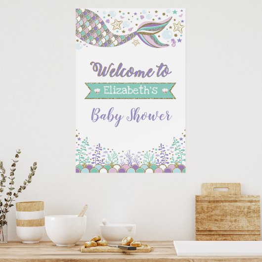 Girly Mermaid Baby Dusche Beach Willkommen Poster (Küche)
