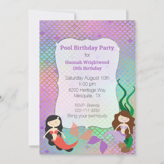 Girly Mermaid Birthday Pool Party Einladung (Vorderseite)