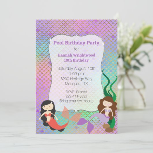 Girly Mermaid Birthday Pool Party Einladung (Stehend Vorderseite)