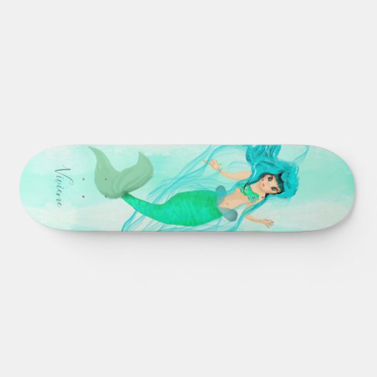 Girly Mermaid Green Schwanz Blue Skateboard (Horizontal)
