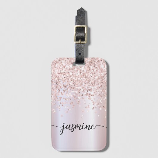 Girly Metal Rose Gold Glitzer Monogram Name Script Gepäckanhänger (Vorderseite Vertikal)