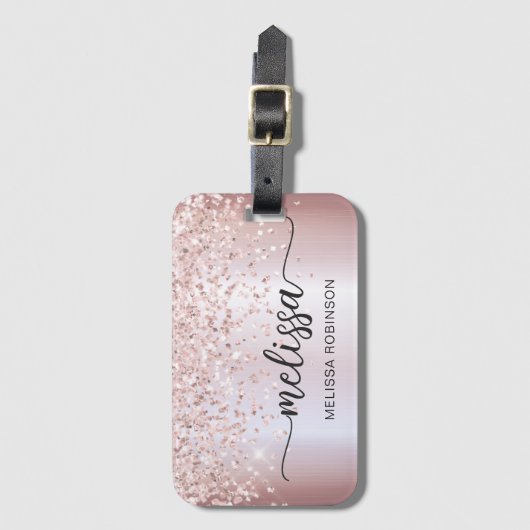Girly Metal Rose Gold Glitzer Monogram Name Script Gepäckanhänger (Vorderseite Vertikal)
