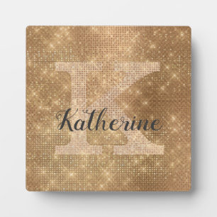 Girly Metallic Gold Diamond Sparkle Monogram Name Fotoplatte