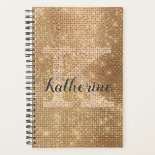 Girly Metallic Gold Glitzer Diamond Monogram Name Planer