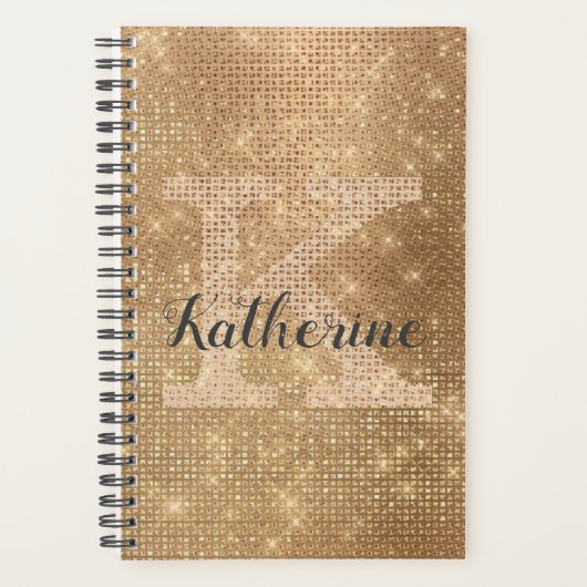 Girly Metallic Gold Glitzer Diamond Monogram Name Planer (Vorderseite)