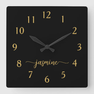Girly Minimalist Black Gold Monogram Name Script Quadratische Wanduhr