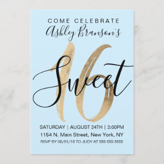 Girly Mint Blue Imitats Gold Foil Sweet 16 Einladung