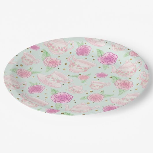 Girly Mint Gold Tee Party Pappteller (Schrägansicht)