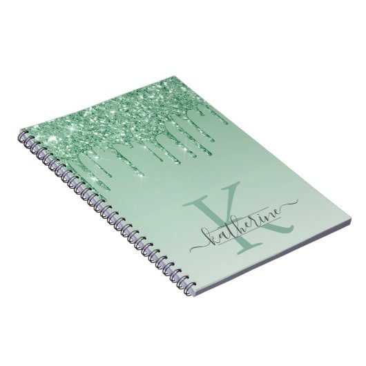 Girly Mint Green Glitzer Tropfen Mit Monogramm Notizblock (Rechte Seite)