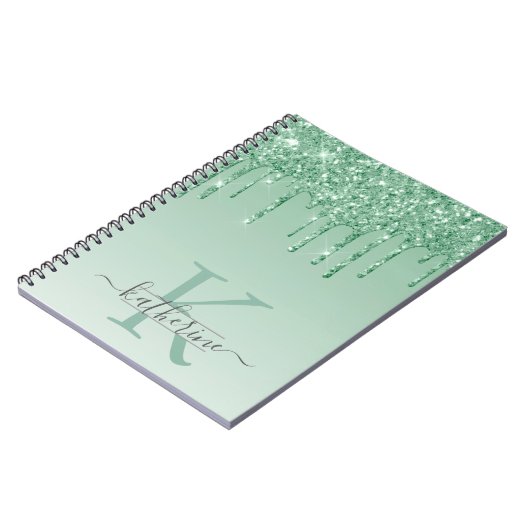 Girly Mint Green Glitzer Tropfen Mit Monogramm Notizblock (Linke Seite)