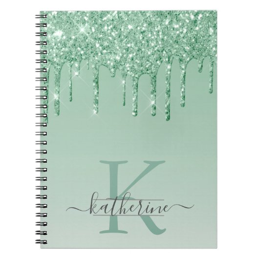 Girly Mint Green Glitzer Tropfen Mit Monogramm Notizblock (Vorderseite)