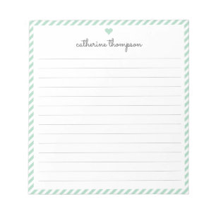 Girly Mint Green Stripe Feminine Script Herzname Notizblock