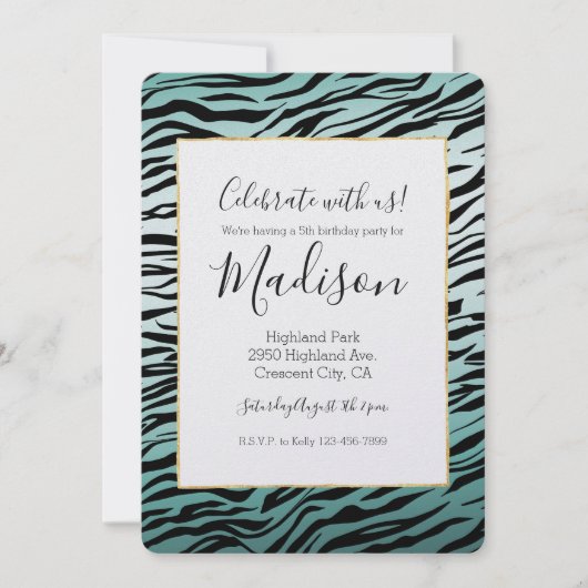 Girly Mint Ombre Black Zebra Print Einladung (Vorderseite)