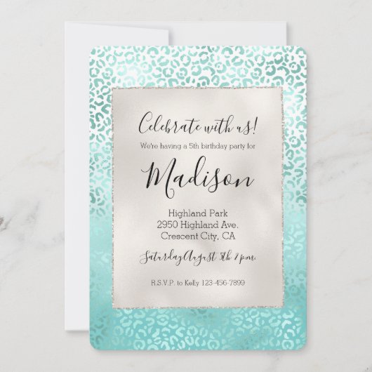 Girly Mint White Glam Ombre Leopard Print Einladung (Vorderseite)