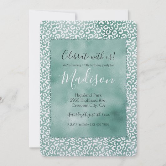 Girly Mint White Leopard Print Einladung (Vorderseite)