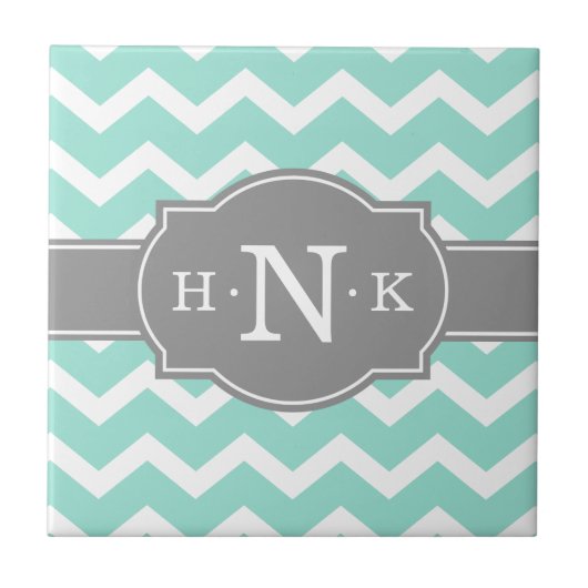 Girly Mint Zickzack Gray Monogram Fliese (Vorderseite)