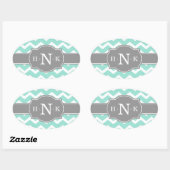 Girly Mint Zickzack Gray Monogram Ovaler Aufkleber (Blatt)