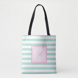 Girly Mintgrün gestreift, Monogramm-personalisiert Tasche