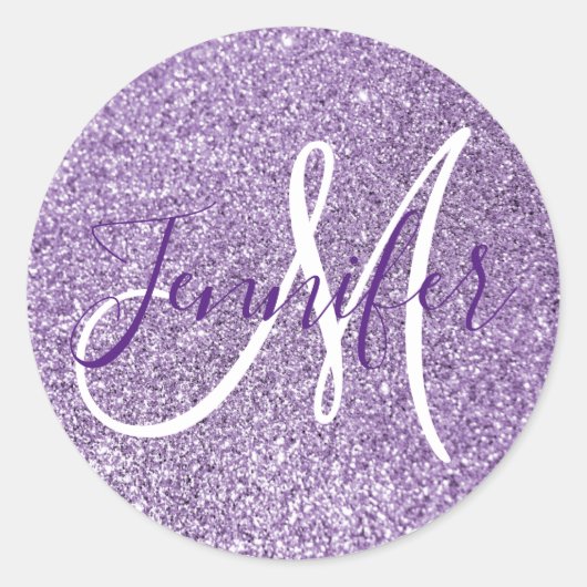 Girly Mit Monogramm Imitats Amethyst Glitzer Runder Aufkleber (Vorderseite)