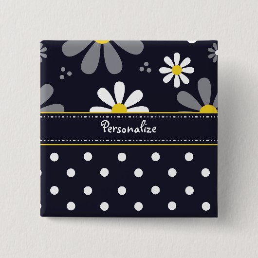 Girly Mod-Gänseblümchen und Polka-Punkte mit Namen Button (Vorderseite)