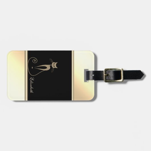 Girly Modern Black,Gold,Cat-Personalisiert Gepäckanhänger (Vorderseite horizontal)
