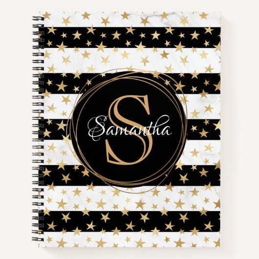 Girly Modern Black Stripe Gold Stars Monogram Notizblock (Vorderseite)