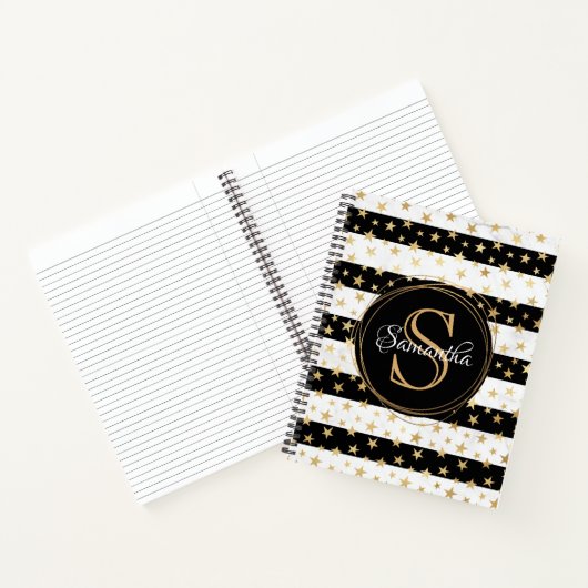 Girly Modern Black Stripe Gold Stars Monogram Notizblock (Innenseite)