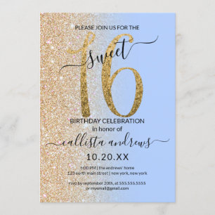 Girly Modern Blue Gold Glitzer Ombre Sweet 16 Einladung