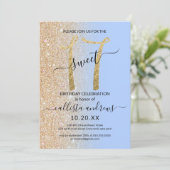 Girly Modern Blue Gold Glitzer Ombre Sweet 17 Einladung (Stehend Vorderseite)