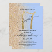 Girly Modern Blue Gold Glitzer Ombre Sweet 17 Einladung (Vorne/Hinten)