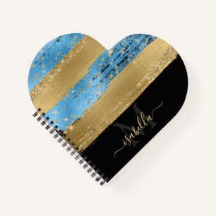 Girly Modern Blue Gold Glitzer Script Monogram Notizblock