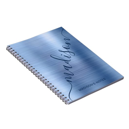 Girly Modern Blue Metal Monogram Signature Script Notizblock (Rechte Seite)