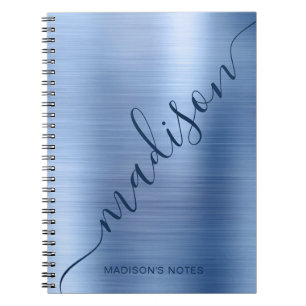 Girly Modern Blue Metal Monogram Signature Script Notizblock