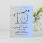 Girly Modern Blue Silver Glitzer Ombre Quinceañera Einladung (Stehend Vorderseite)